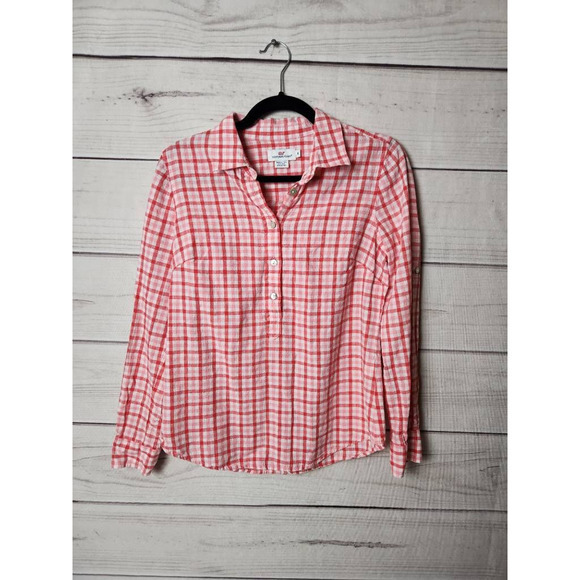 Vineyard Vines Womens Popover Top Pink White Plaid Button Cuff‎ Sleeve Collar 6 - Picture 1 of 5